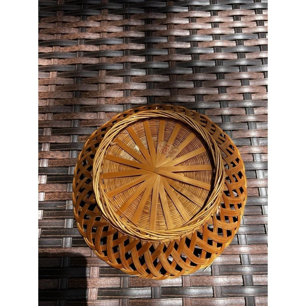 Vintage Boho Woven Wicker Bread Basket Round Open Weave Rattan 9